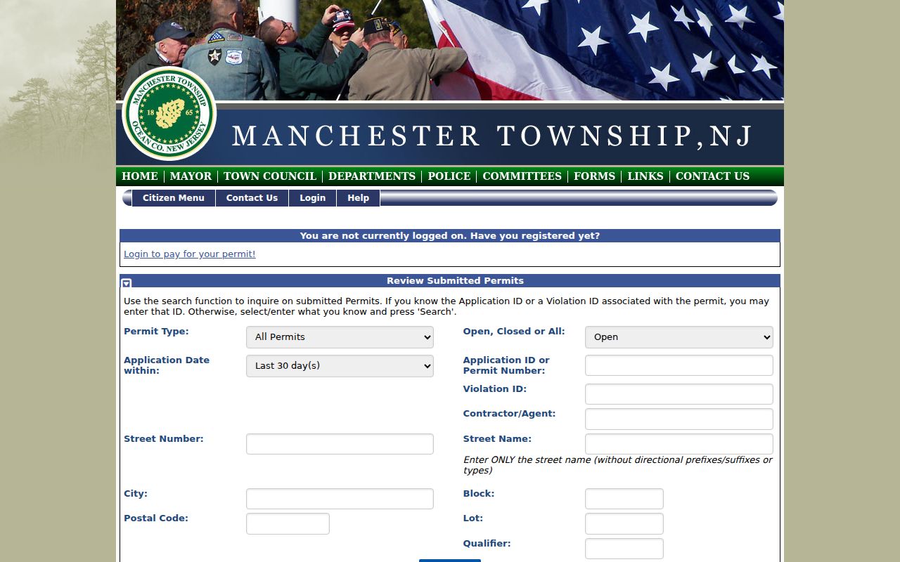 Manchester ZIP code directory source showing FastTrackGov postal-code permit search