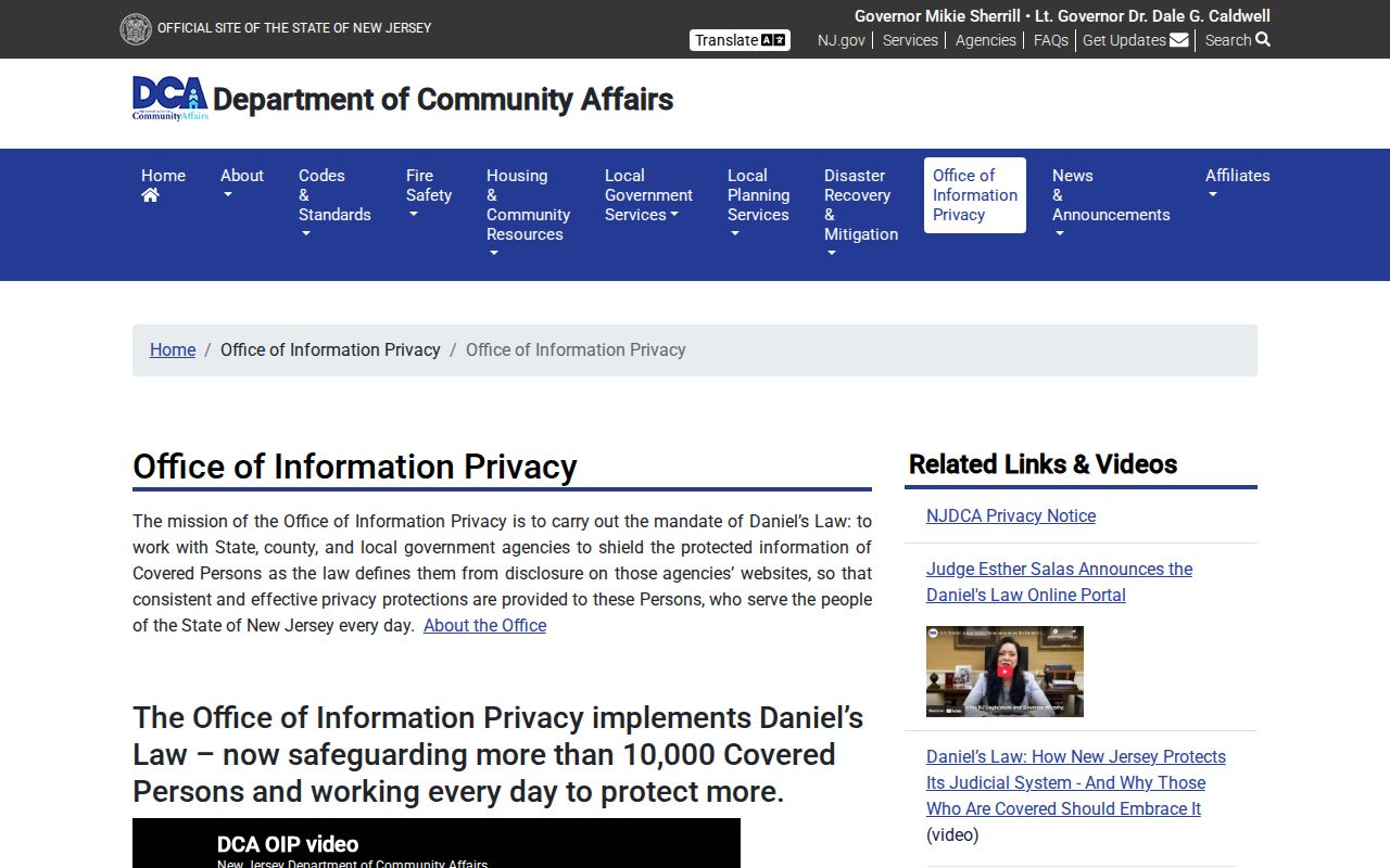 New Jersey Daniel's Law Office of Information Privacy page