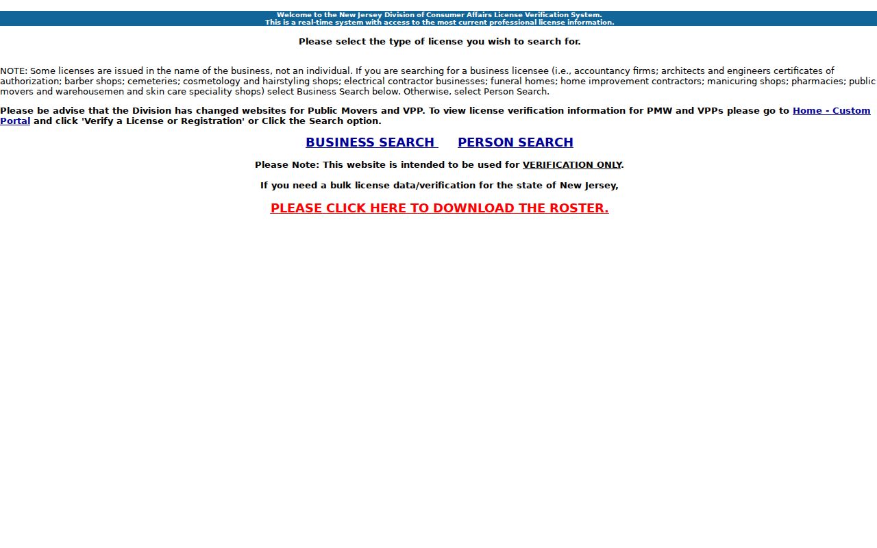 New Jersey professional license verification page
