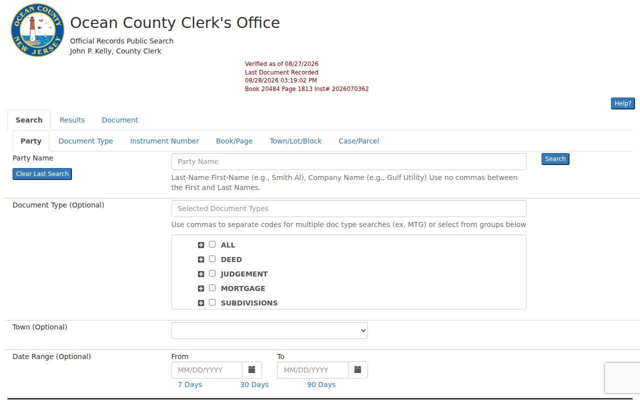 Manchester residents directory Ocean County SearchNG public deed index