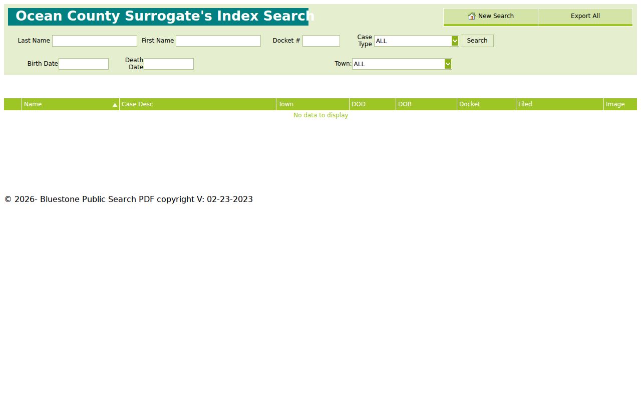 Ocean County Surrogate estate index search page